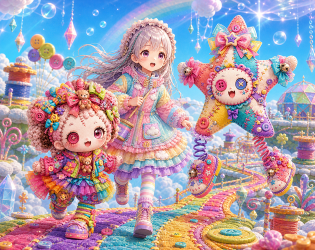 ぬいぐるみと主人公、星の姿の案内人が、色鮮やかな布と糸の世界に立っている「ぬいぐる」のカバーアート